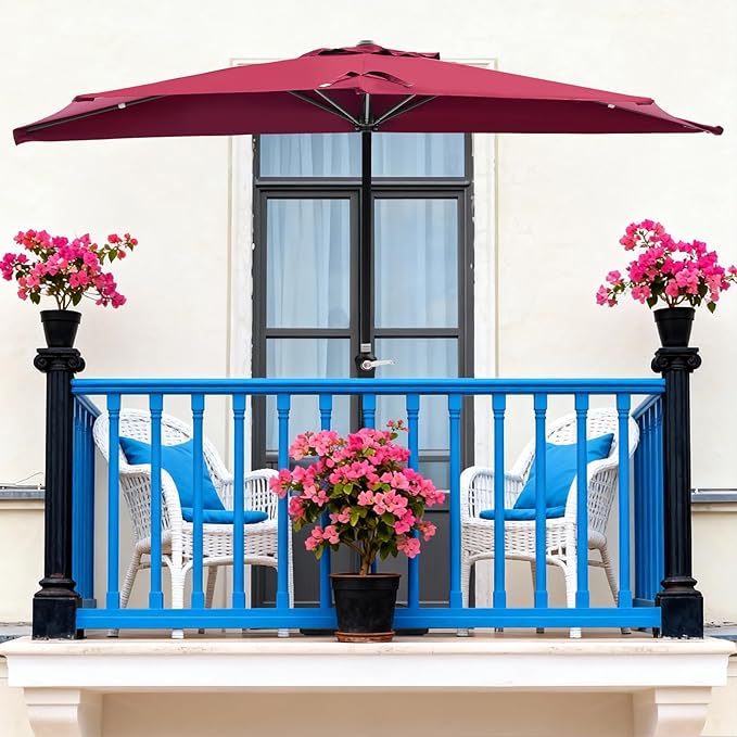 OLIXIS Half 9Ft Umbrella Outdoor Patio, Scalloped Patio Umbrella with Easy Crank, Sun Half Patio Umbrella for Balcony, Market, Garden, Red
