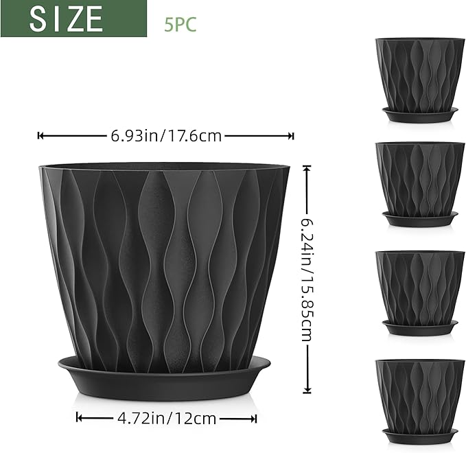 7 Inch Plant Pots 5 Pack, Flower Planters with Drainage Holes and Trays,Plastic Pots for Indoor Outdoor Plants,Black