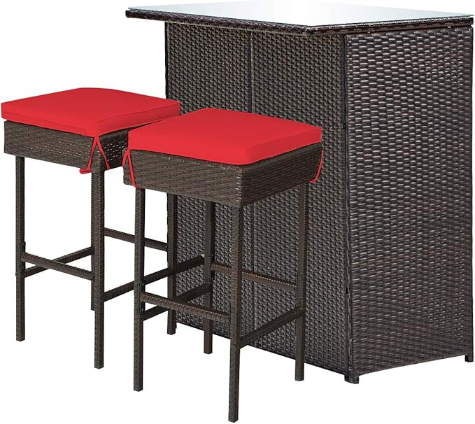 Tangkula Patio Bar Set, 3 Piece Outdoor Rattan Wicker Bar Set with 2 Cushions Stools & Glass Top Table, Outdoor Furniture Set for Patios Backyards Porches Gardens Poolside (Red)