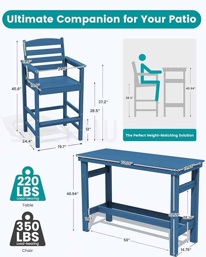 SERWALL Outdoor Bar Set - 2 Adirondack Bar Chairs & Bar Height Table with 1.6" Umbrella Hole, All-Weather HDPE Patio Furniture for Poolside, Backyard, Garden - Blue