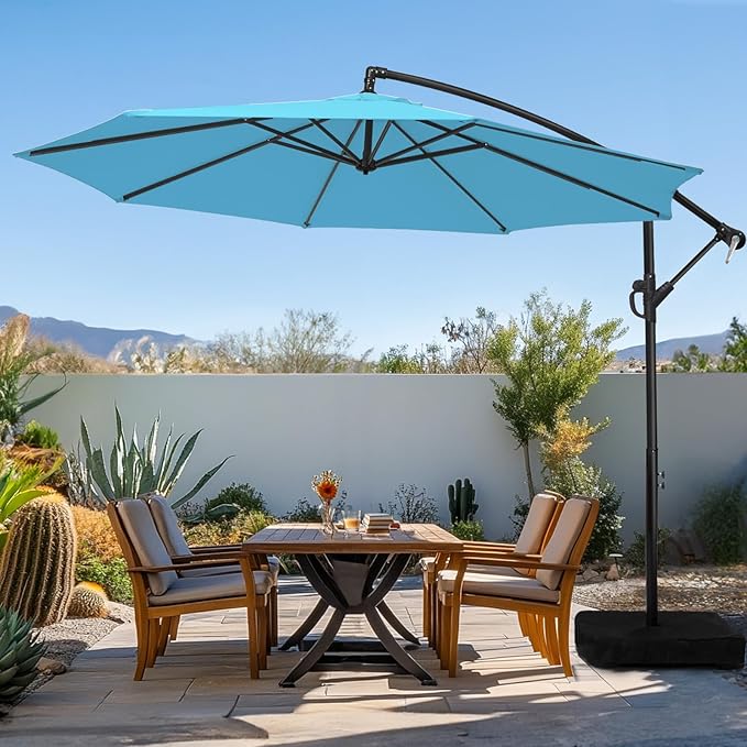 wikiwiki 10ft Patio Umbrella with Base Included, Outdoor Offset Cantilever Umbrella with Sandbag Base for Backyard, Garden and Pool, Easy to Tilt and Crank, Sky Blue