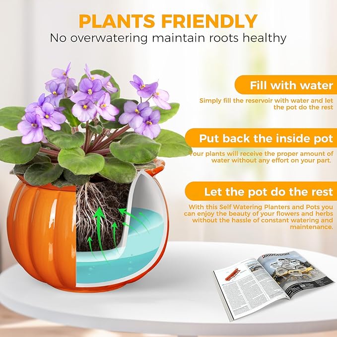 BUYMAX African Violet Pots, Halloween Pumpkin Plant Pots Ceramic Easy Self Watering Plant Pot for Busy Plant Lovers, Automatically Absorb Appropriate Amount of Water, Flower Pot Indoor