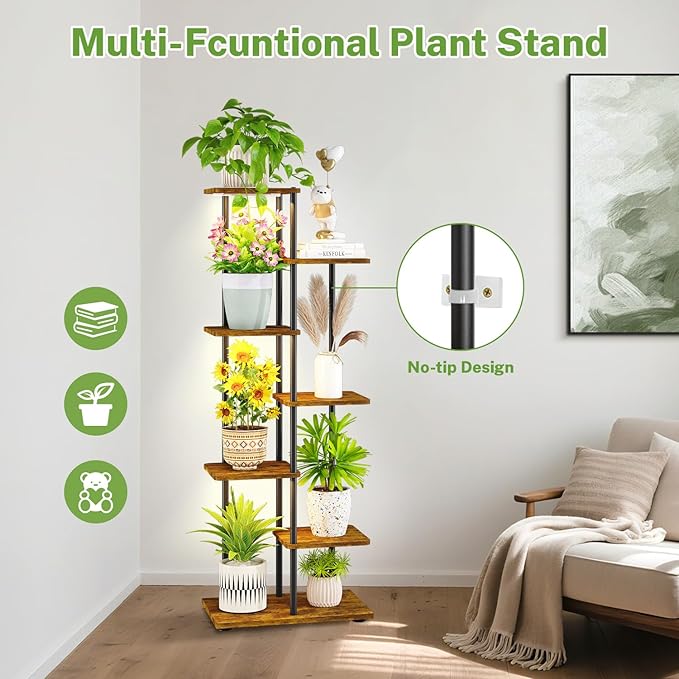 iDavosic.ly 6 Tier Tall Plant Stand Indoor with Light, Tiered Corner Metal Wood Multiple Flower Holder Shelf, 50 Inch Display Grow Rack for Living Room Bedroom, Modern Black & Rustic Brown