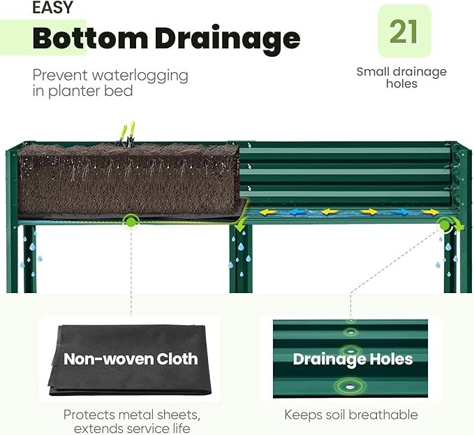 KING BIRD Raised Garden Bed with Legs Galvanized Large Elevated Planter Box for Backyard, Patio, Balcony, 600lb Capacity, Green 70.9x22.8x31.5 in