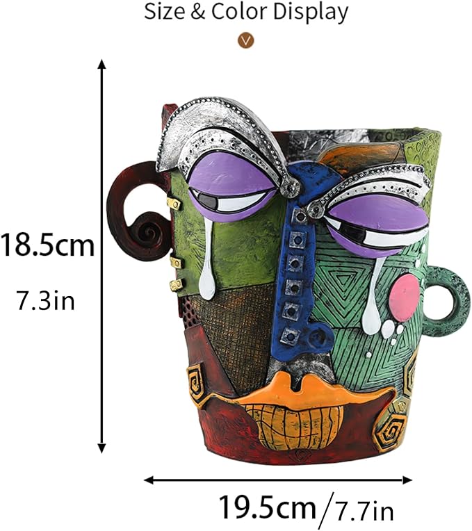 Picasso Brutalist Abstract Face Planter - Head Ornament Flower Pot Container - Colorful Art Resin (Picasso's Tearful Flowerpot)
