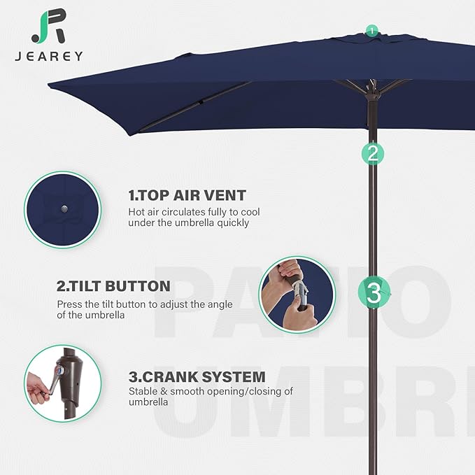 JEAREY 6.5x10 ft Rectangular Patio Umbrellas Rectangle Outdoor Umbrella with Push Button Tilt and Crank, Market Table Umbrella 6 Sturdy Ribs UV Protection for Poolside Garden Backyard Deck, Navy