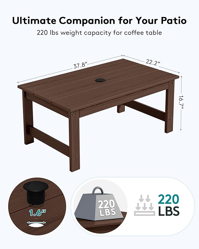 SERWALL HDPE Patio Coffee Table, Rectangle Outdoor Coffee Table, All-Weather Coffee Side Table for Balcony, Poolside, Deck, Garden, Coffee Brown
