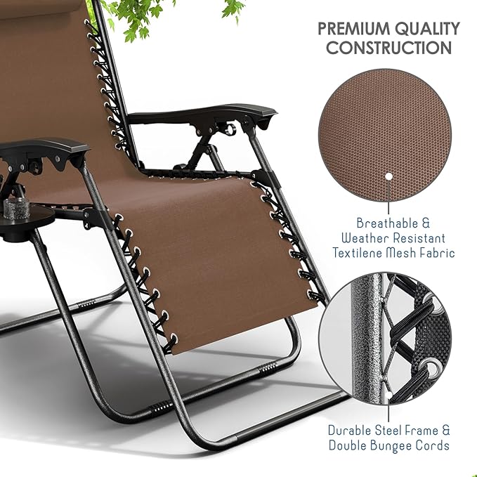 Nestl Zero Gravity Chairs Set of 4, Patio Lounge Chair Outdoor with Pillows & Cup Holder Trays, Adjustable Steel Mesh Reclining Camping Chair, Folding Patio Lawn Chair for Deck, Beach, Yard - Brown