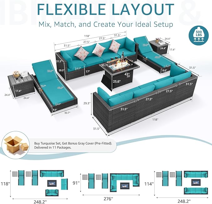 NICESOUL 13 Piece Outdoor Furniture with Fire Pit, Large Patio Couch Set with Fire Pit Table & Chaise Lounge, Modular Sectional Patio Sofa 500 lbs Heavyduty 10-Seat Group, Gray & Turquoise