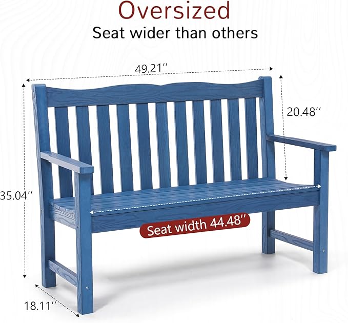 Stoog Outdoor Bench, 2-Person All-Weather HIPS Plastic Garden Bench with 800lb Capacity, Never Rot or Fade, Used for Patio, Porch, Backyard, Blue