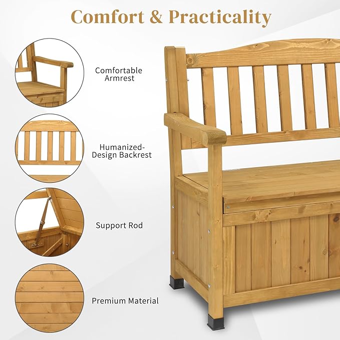 Outvita Outdoor Wood Storage Bench, Wooden Large Deck Box with Seating & Armrest, Waterproof Patio Organizer Loveseat for Garden Porch Deck Backyard Poolside(Yellow)