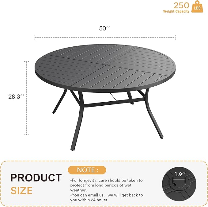VICLLAX Round Patio Table with Adjustable Umbrella Hole for 6, All Weather Metal Outdoor Dining Table for Lawn Garden, 50" Outdoor Coffee Table, Black Tabletop
