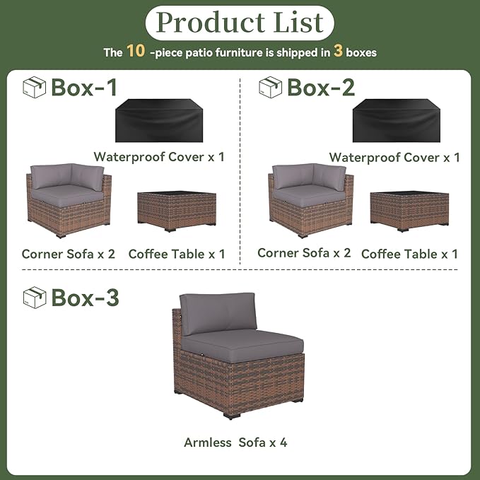 Aoxun 10 Piece Patio Furniture Set Wicker Rattan Patio Conversation Set Outdoor Sectional Sofa Set with Coffee Table and Thickened Cushions, Gray(Waterproof Cover Included)