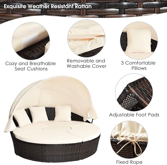 Tangkula Patio Round Daybed with Retractable Canopy, Outdoor Wicker Rattan Furniture Sets, Sectional Cushioned Sofa Set w/Height Adjustable Coffee Table, Rattan Conversation Sets (Beige)