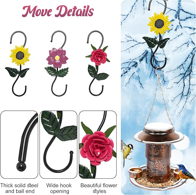 S Hooks for Hanging Plants, Set of 3 Black Metal Plant Hangers, Beautiful and Vivid Plant Hook for Garden Planters, Flower Baskets, Pots, Bird Feeders Outdoor Indoor