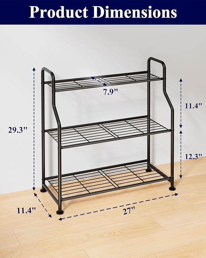 Kitsure Plant Stand Indoor & Outdoor - 3-Tier Metal Plant Shelf with Adjustable Leveling Feet, Easy to Assemble Planter Stand for Patio, Balcony, or Garden (Black, 27" x 11.4" x 29.3")