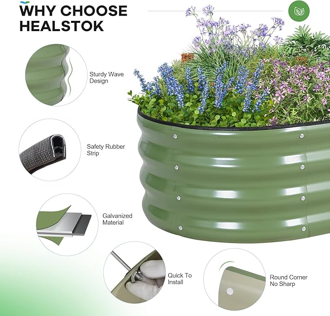Galvanized Raised Garden Bed Outdoor, 4x2x1ft Oval Metal Raised Beds for Gardening, Rust-Resistant Garden Planter Box with Tools for Planting Vegetables, Flowers, Fruits in Lawn (Olive Green)