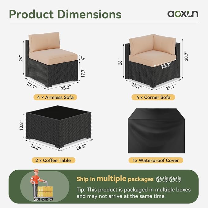 Aoxun 10 Piece Patio Furniture Set Wicker Rattan Patio Sectional Sofa Set Outdoor Seating Furniture with Thickened Cushion, Beige