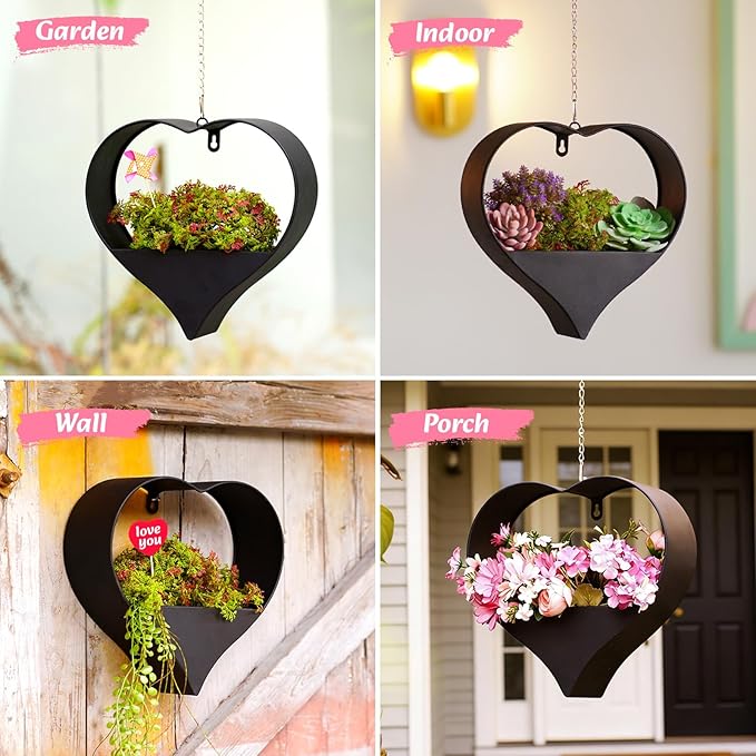 Metal Plant Hangers Indoor and Outdoor for Mom Women Her Wife Garden Lovers Birthday - Heart Shape Hanging Planters for Window Wall Living Room Office Decor(Black)