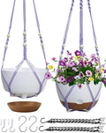 2 Pack Hanging Planters Set,10 Inch Indoor Outdoor Hanging Plant Pot Basket,Hanging Flower Pot with Drainage Hole with 3 Hooks for Garden Home(Purple Hanger White Planters)