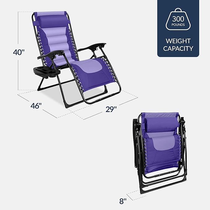Best Choice Products Oversized Padded Zero Gravity Chair, Folding Outdoor Patio Recliner, XL Anti Gravity Lounger for Backyard w/Headrest, Cup Holder, Side Tray, Polyester Mesh - Purple/Violet