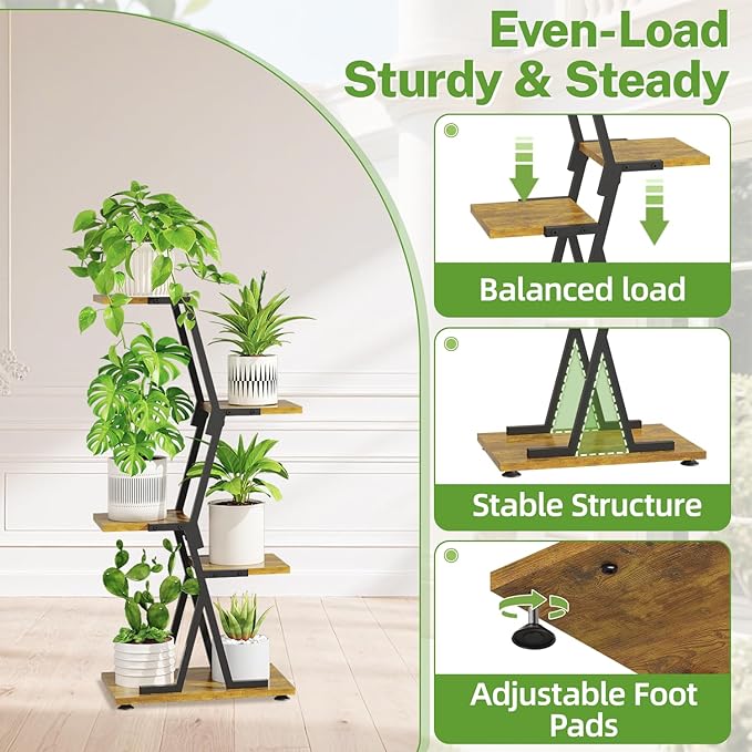 iDavosic.ly 4 Tier Indoor Plant Stand, Corner Tall Metal & Wood Flower Shelf, Orchid Display Rack for Living Room Balcony Patio Porch, Space Saving & Multifunctional Display, Black & Brown