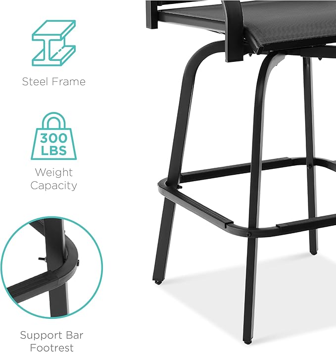 Best Choice Products Set of 2 Swivel Barstools, Bar Height Outdoor Chairs, 360 Rotating Patio Bar Stools w/All-Weather Mesh, 300lb Capacity - Black