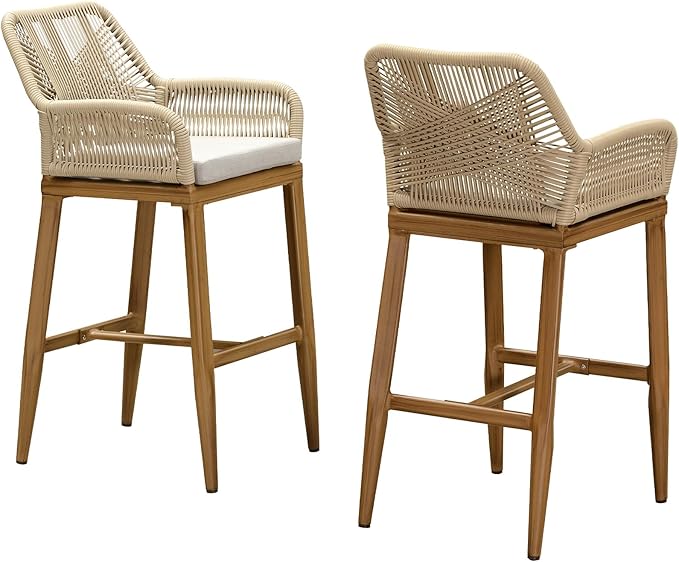 PURPLE LEAF Outdoor 29" Bar Stools Set of 2, Boho Patio Bar Height Chair with Cushion and Back for Outdoor and Indoor, Garden, Patio, Teak