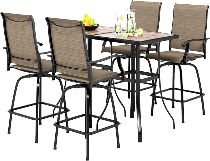 PHI VILLA Outdoor Patio Bar Set of 6, Patio Bar Table and Chair Set with Textilene Outdoor Swivel Bar Stools and Wood Like Bar Table, All-Weather Patio Bar Furniture Set for Garden, Brown