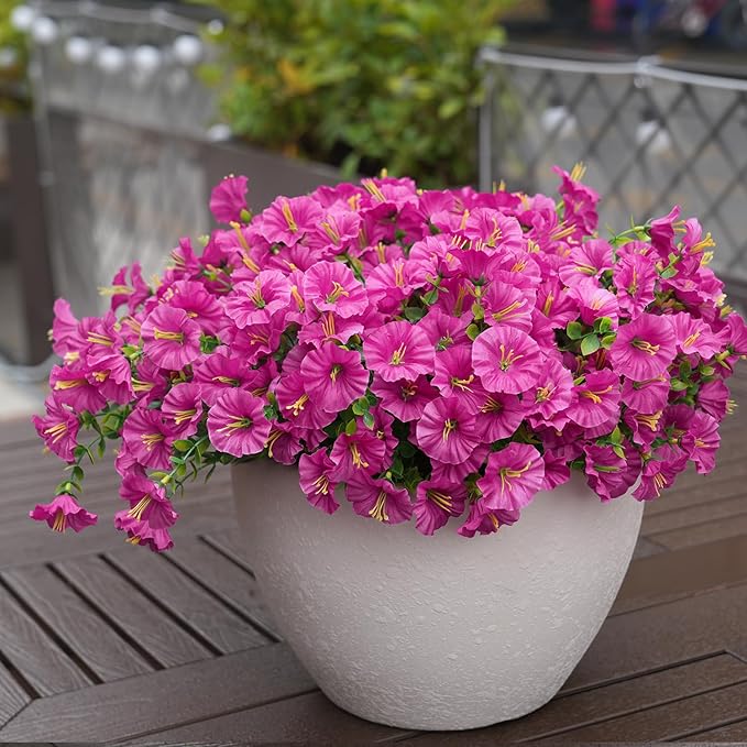 Artificial Flowers for Outdoors, UV Resistant Fake Silk Morning Glory, Realistic Faux Plants for Outside Porch Patio Window Box Hanging Planter (16, Fuchsia)