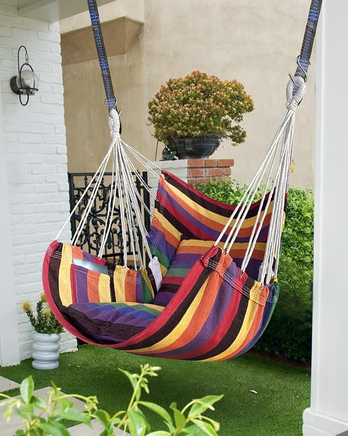 Halalona Hammock Chair Hanging Hammock Chair Rope Swing 2 Cushions Included-Sturdy & Durable Soft Cotton Hand Woven Hammock Swing for Bedroom, Porch, Patio-Indoor/Outdoor