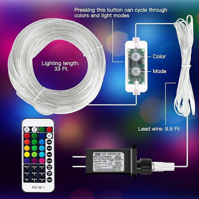 Minetom Color Changing Rope Lights Outdoor, 33FT 100 LED String Lights with Plug & Remote, Waterproof Christmas Light Outdoor Decoration, Twinkle LED Rope Light for Outside Indoor Bedroom,16 Colors
