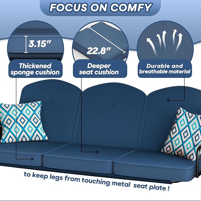 3 Seat Outdoor Porch Patio Swing with Stand 800lbs 2-in-1 Convertible Swing Bed with Adjustable Canopy & Removable Cushion for Yard Garden Deck (Blue, Square Tube)
