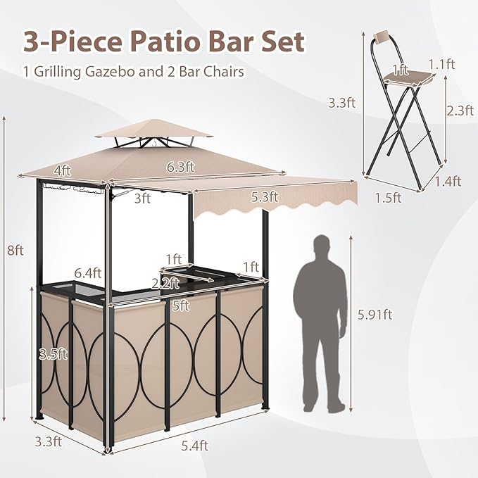 Tangkula 3 Piece Patio Bar Set, Grill Gazebo & 2 Foldable Bar Stools with Awning, Metal Storage Shelves, Glass Holders, Double-Tier Outdoor Shelter for Patio Poolside Garden Backyard (Coffee)