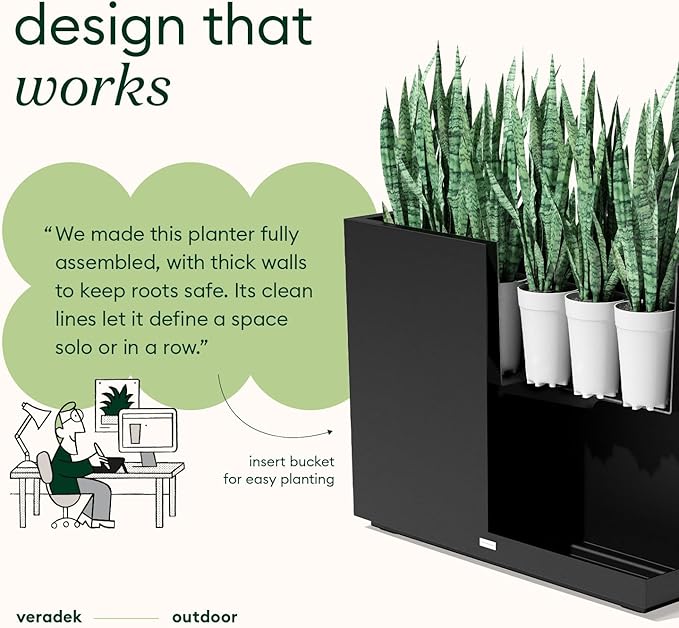 Veradek Block Series Span Plastic Planter - Tall Rectangular Planter for Indoor or Outdoor Patio/Porch | Durable All-Weather with Removable Insert Bucket | Modern Design for Plants, Flowers, Garden