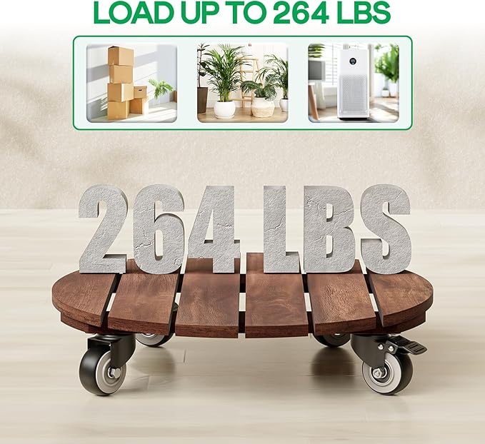 2pack Wood Plant Caddy With Wheels Heavy Duty Red Brown, 264 Lbs Capacity, 12 Inch Acacia Hardwood Plant Roller, Plant Stand with 360° Lockable Wheels, Plant Caster for Heavy Objects Hauling
