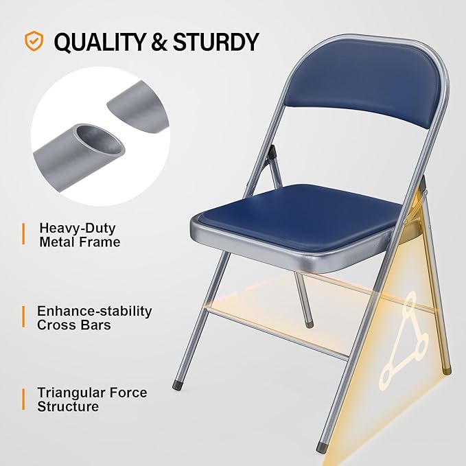 VINGLI 8 Pack Folding Chairs with Padded Seats, Metal Frame with Pu Leather Seat & Back, Capacity 350 lbs, Blue