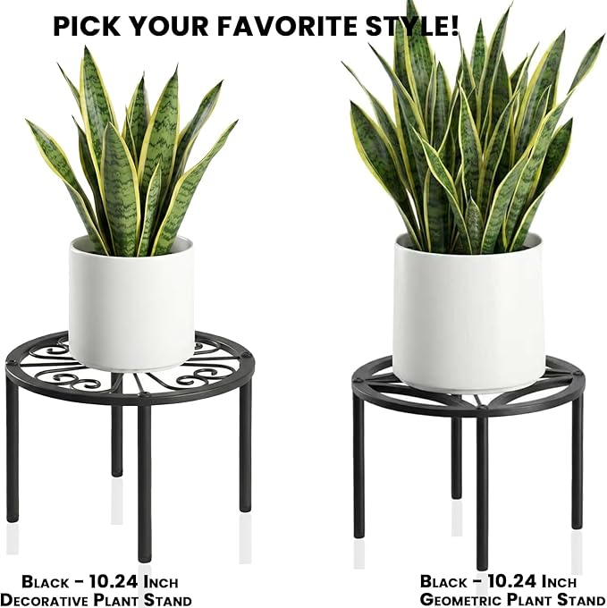 TOSKING Heavy Duty Metal Plant Stand for Indoor Outdoor, 10.2" Rustproof Wrought Iron Potted Plant Holder with 4 Adjustable Feet, Modern Geometric Pattern Round Rack for Drink Dispenser, Black