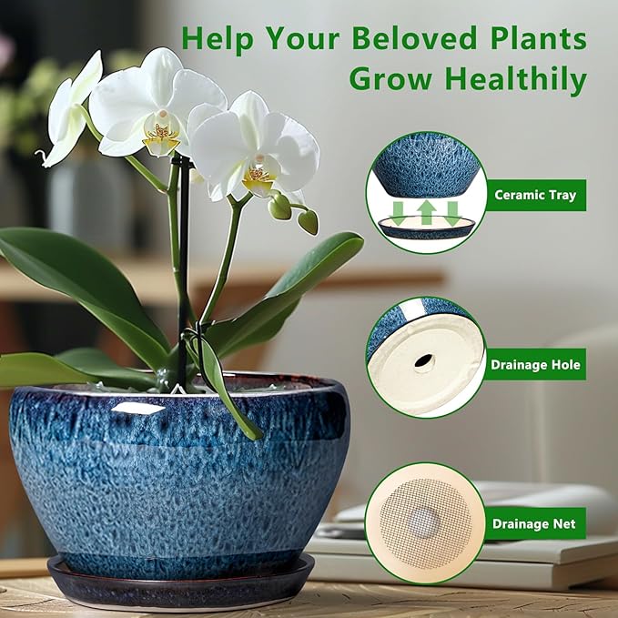 Ceramic Pots for Plants - 9 Inch Plant Pot Indoor with Drainage Hole and Saucer, Ceramic Planters for Outdoor Plants, Round Modern Flower Pot, Housewarming Gifts, Home Decor, Blue