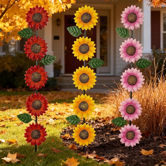 3 Pack Sunflowers Garden Stakes Decor,Metal Yard Art Decorative Garden Stakes,Metal Flowers Spring Garden Decor for Outside,Landscape,Patio(22.6 * 4.7IN)