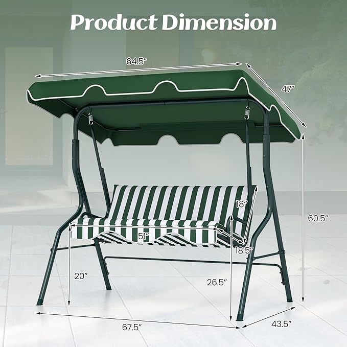 Tangkula 3 Person Porch Swing, Patio Swing with Removable Cushion & Powder-Coated Steel Frame, Outdoor Swing with Canopy for Porch, Backyard, Garden, Balcony (Green)
