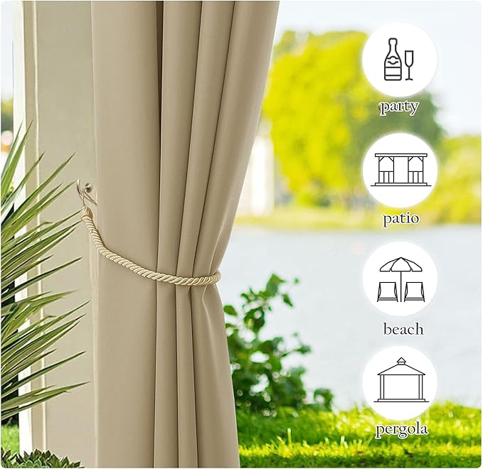 NICETOWN Canvas Patio Curtains for Outdoor Waterproof 2 Panels, Home Fashion Machine Washable Grommet Top & Bottom Fixed Thermal Insulated Privacy Drapes for Balcony/Gazebo, 55" W x 108" L, Taupe
