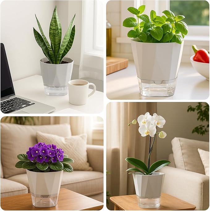6 Pack Self Watering Plant Pots 5 Inches Self Watering Planters for Indoor and Outdoor Plants African Violet Self Watering Pots Clear Pots for Plants Herb Orchid Flower Houseplant Pots, Light Grey