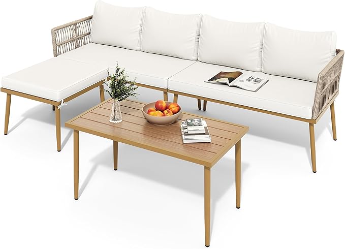 DWVO 6 Pieces Patio Furniture Set, L Couch Outdoor with Coffee Table&Washable Cushions, Outdoor Patio Sectional Wicker Rattan Conversation Sectional Set for Garden Yard Pool Beige