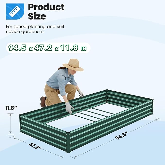 Quictent Galvanized Raised Garden Bed 8x4x1 Ft Metal Planter Box for Vegetables Bottomless for Backyard, 2 Tomato Cages Included, Green 2PCS