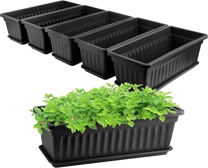 GREANER Rectangle Planters for Indoor Plants, 6 Pack 16.9x7.48 Inch Large Vegetable Flower Herb Window Boxes, Outdoor Plastic Growing Pots with Tray for House Windowsill Balcony Garden Use (Black)