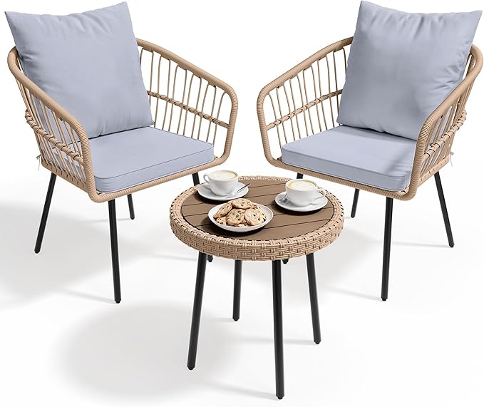 YITAHOME 3 Piece Bistro Set Outdoor with Thick Cushions&Table All-Weather Wicker Patio Furniture Set with Armrest Rattan Conversation Set for Balcony, Backyard, Pool, Porch, Deck - Grey