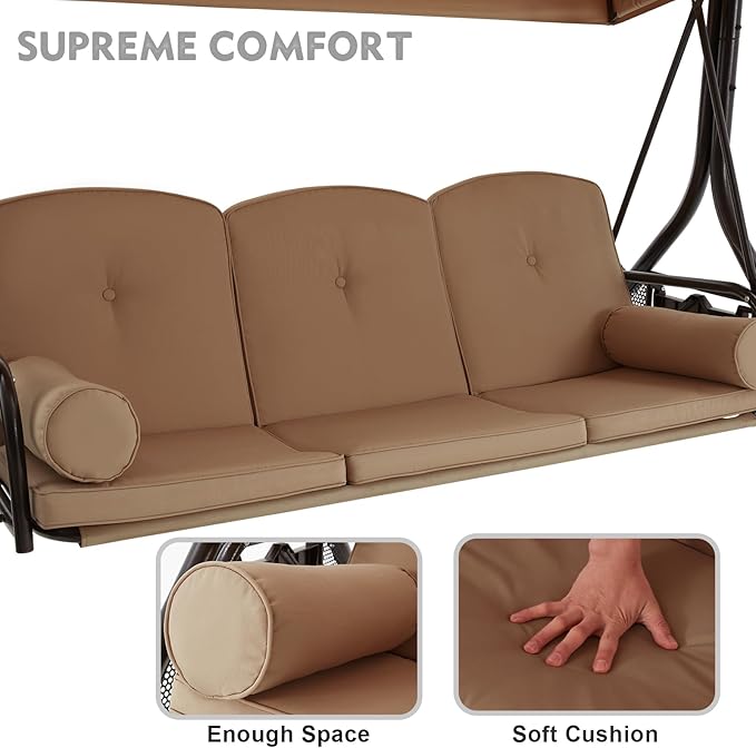 HOMREST 3 Seat Outdoor Porch Swing with Adjustable Canopy, Convertible Patio Swing Bed with Stand, Patio Glider Swing with Upgraded Cup Holder, Thicken Cushions ＆ Pillow for Backyard (Brown)