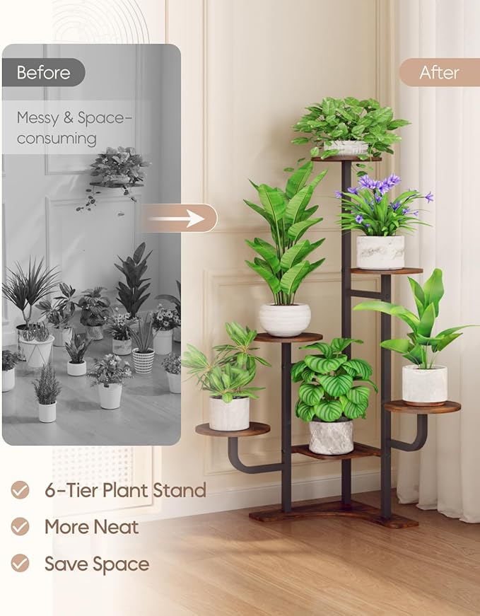 Corner Plant Stand Indoor - 6 Tiered Indoor Plant Stand Round Metal Plant Shelf, Plant Organizer for Living Room, Graden, Balcony, Home Decor (Brown)