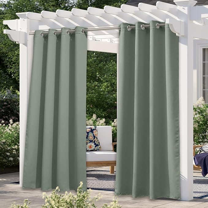 NICETOWN Patio Curtains for Outdoor Waterproof, Rustproof Grommet Thermal Insulated Room Darkening Indoor Outdoor Drapes Privacy for Balcony/Pergola, W52 x L108, Sage Green, 1 Panel